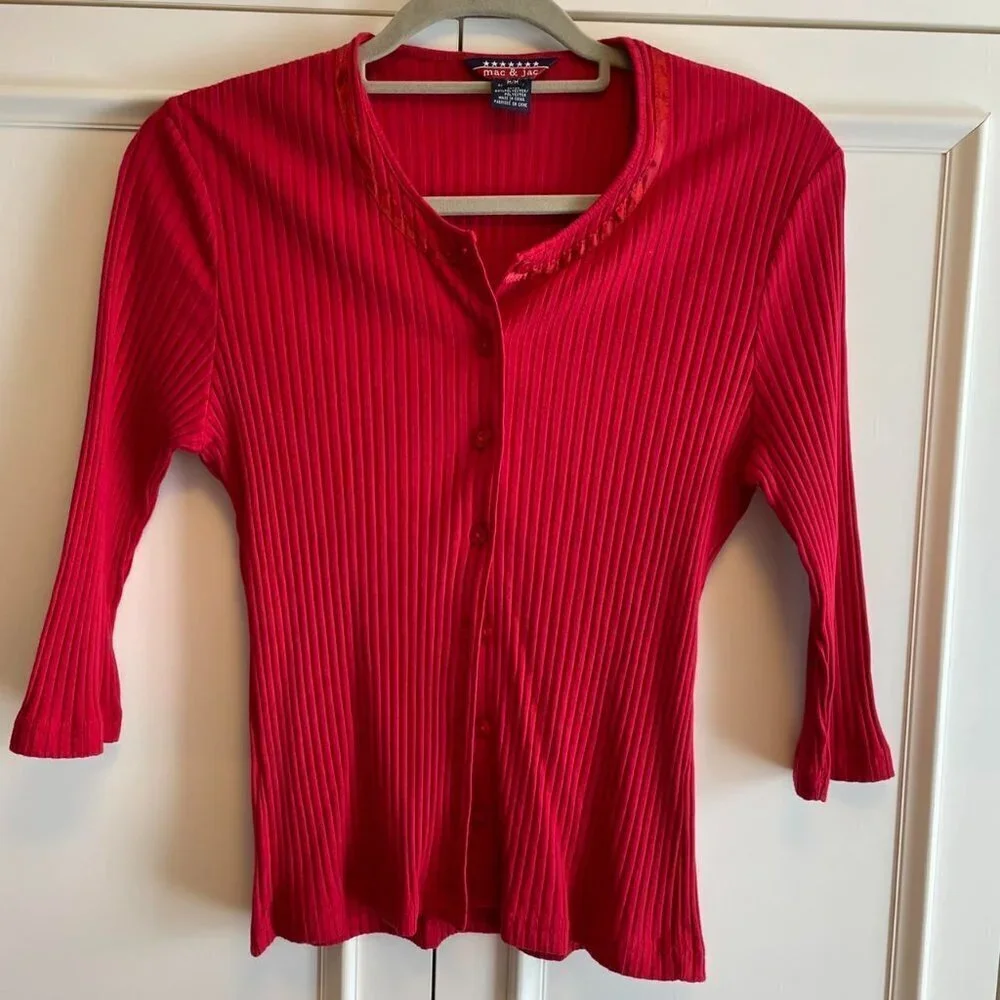 Vintage Mac & Jac Red 3/4 Sleeve Button-Up Cardigan - M - Picture 3 of 11